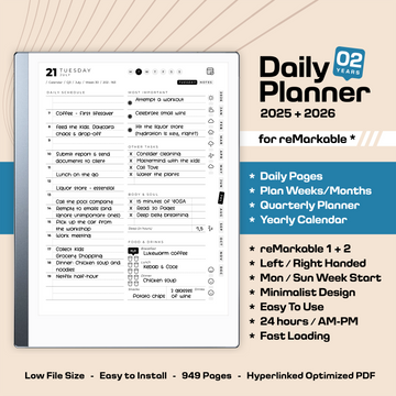 Daily Planner 2026 for reMarkable 2 + Free 2025. Next 2 years