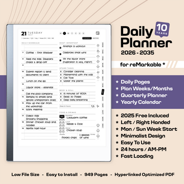 Daily Planner 2026 to 2035 for reMarkable 2 + FREE 2025. Next 10 Years