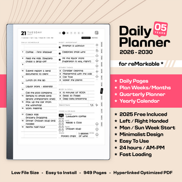 Daily Planner 2026 to 2030 for reMarkable 2 + FREE 2025. Next 5 Years