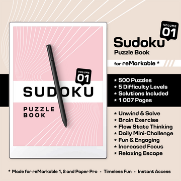reMarkable Paper Pro Sudoku Puzzle Book – Volume 01. Unlock hours of fun with our Sudoku Puzzle Book