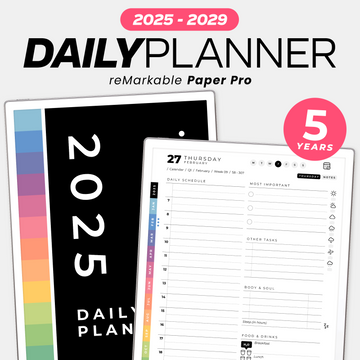 Daily Planner 2025 to 2029 + Free 2030. reMarkable Paper Pro Template. Next 5 years