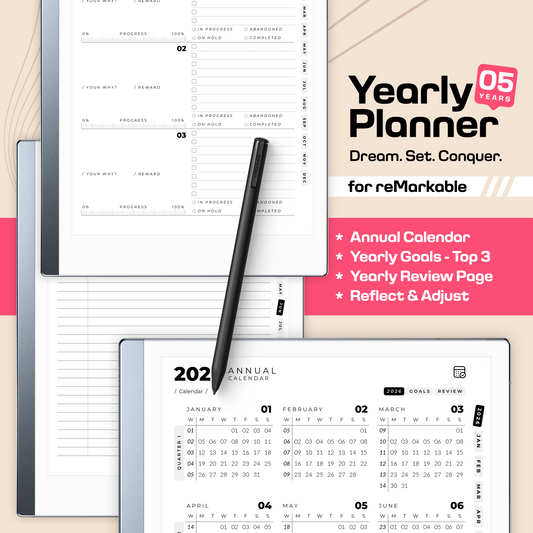 Daily Planner 2026 to 2030 for reMarkable 2 + FREE 2025. Next 5 Years