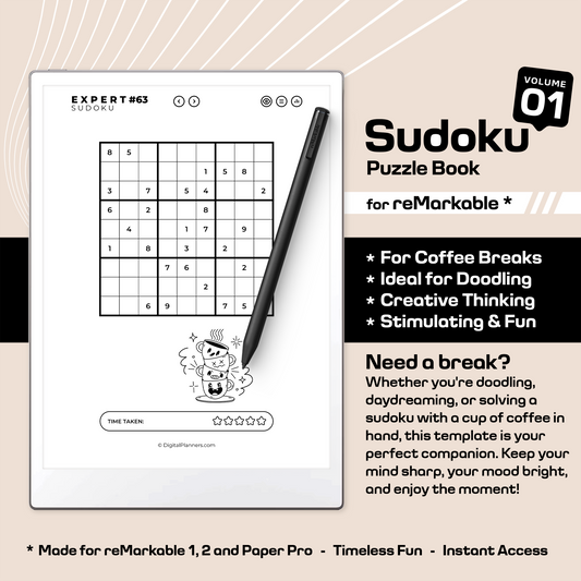 reMarkable Paper Pro Sudoku Puzzle Book – Volume 01. Unlock hours of fun with our Sudoku Puzzle Book