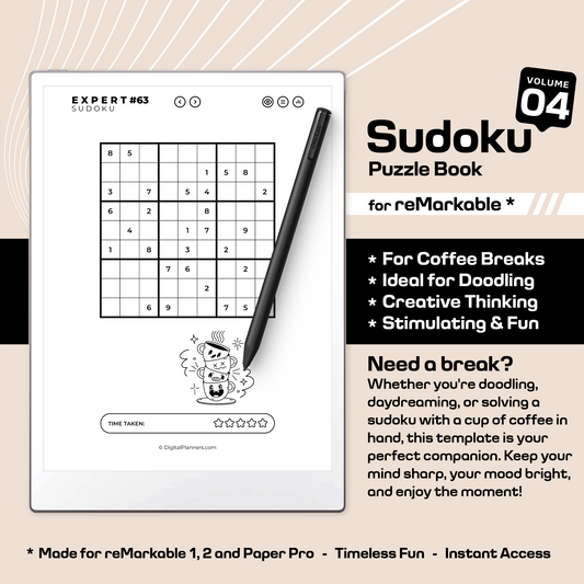 Enjoy Sudoku fun on your reMarkable Paper Pro - Volume 04! Perfect for relaxing with your favorite cup of coffee.