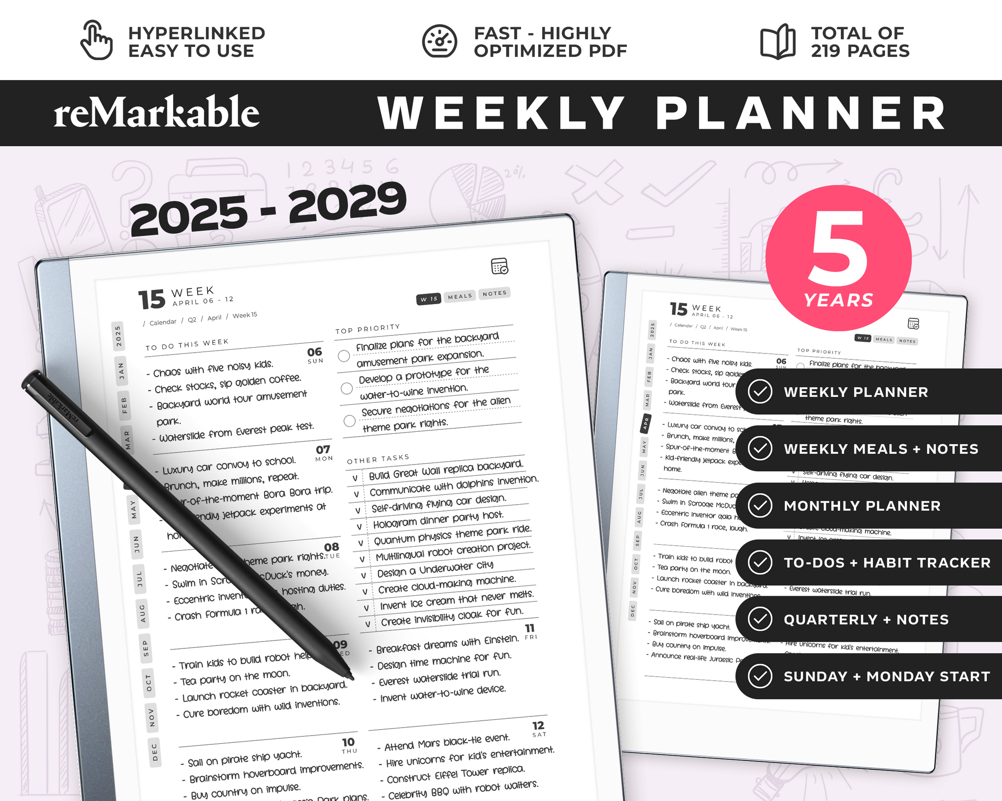 Weekly Planner for reMarkable Tablets. 5 Years - 2025 to 2029